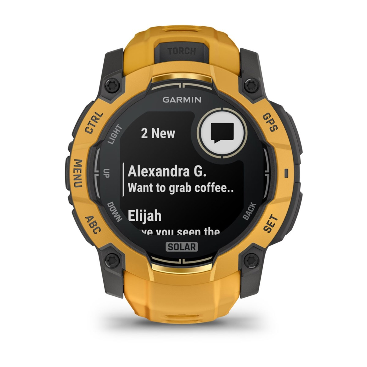 Ekranında bildirimleri gösteren sarı renkli Garmin spor saat.