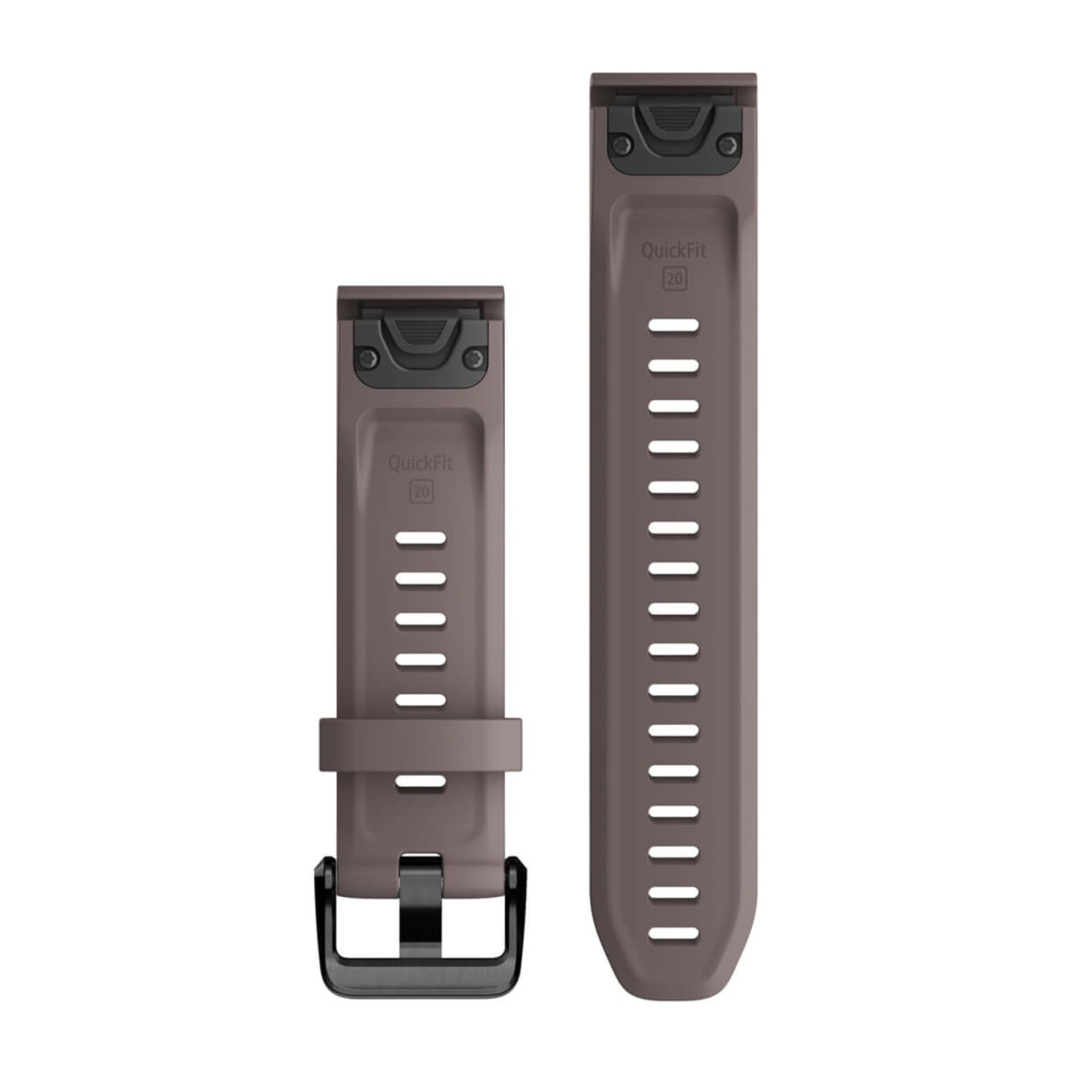 Cinturino per orologio in silicone marrone QuickFit 20 con fibbia nera su sfondo bianco.