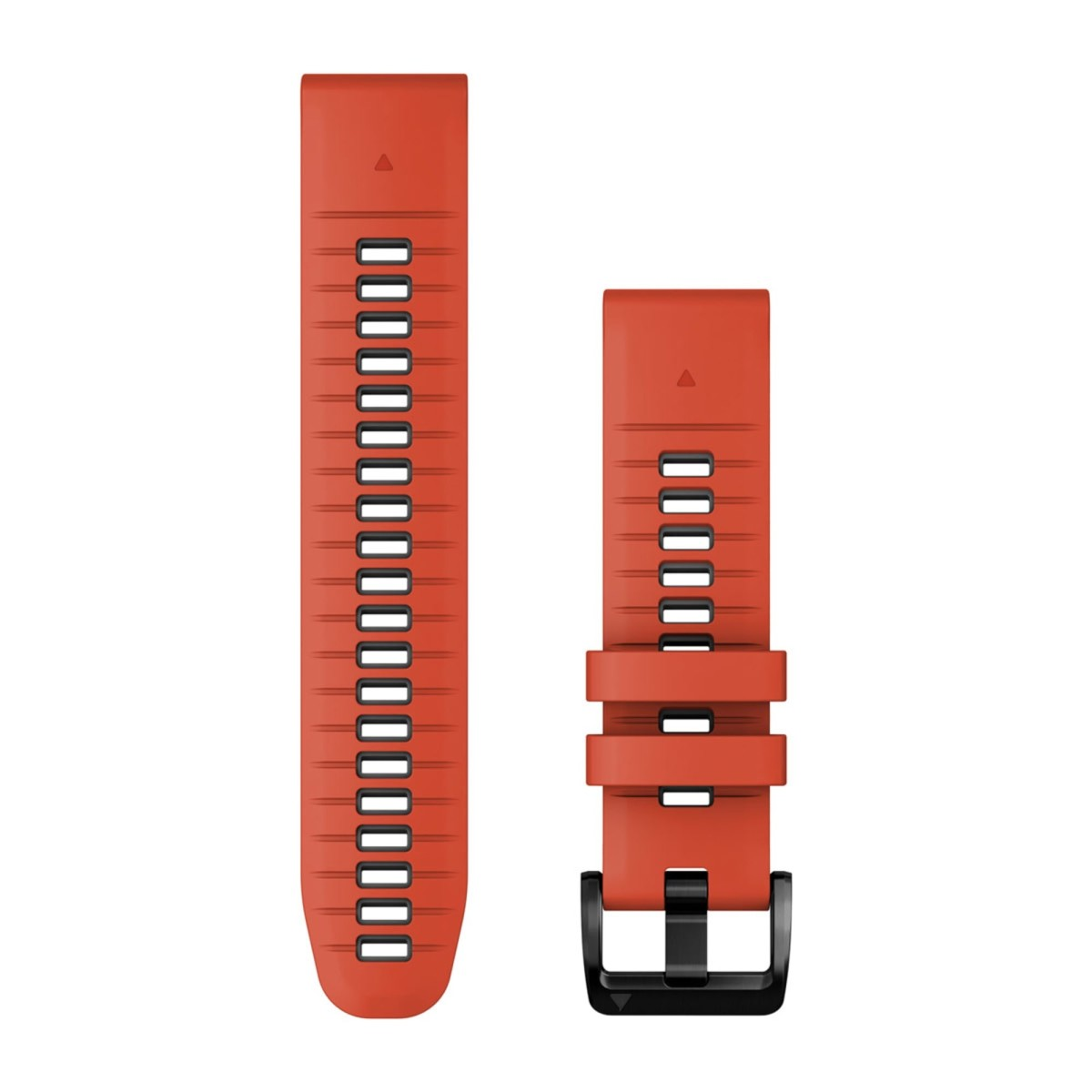 Due pezzi di un cinturino per orologio in silicone rosso con fori rettangolari neri e fibbia nera.