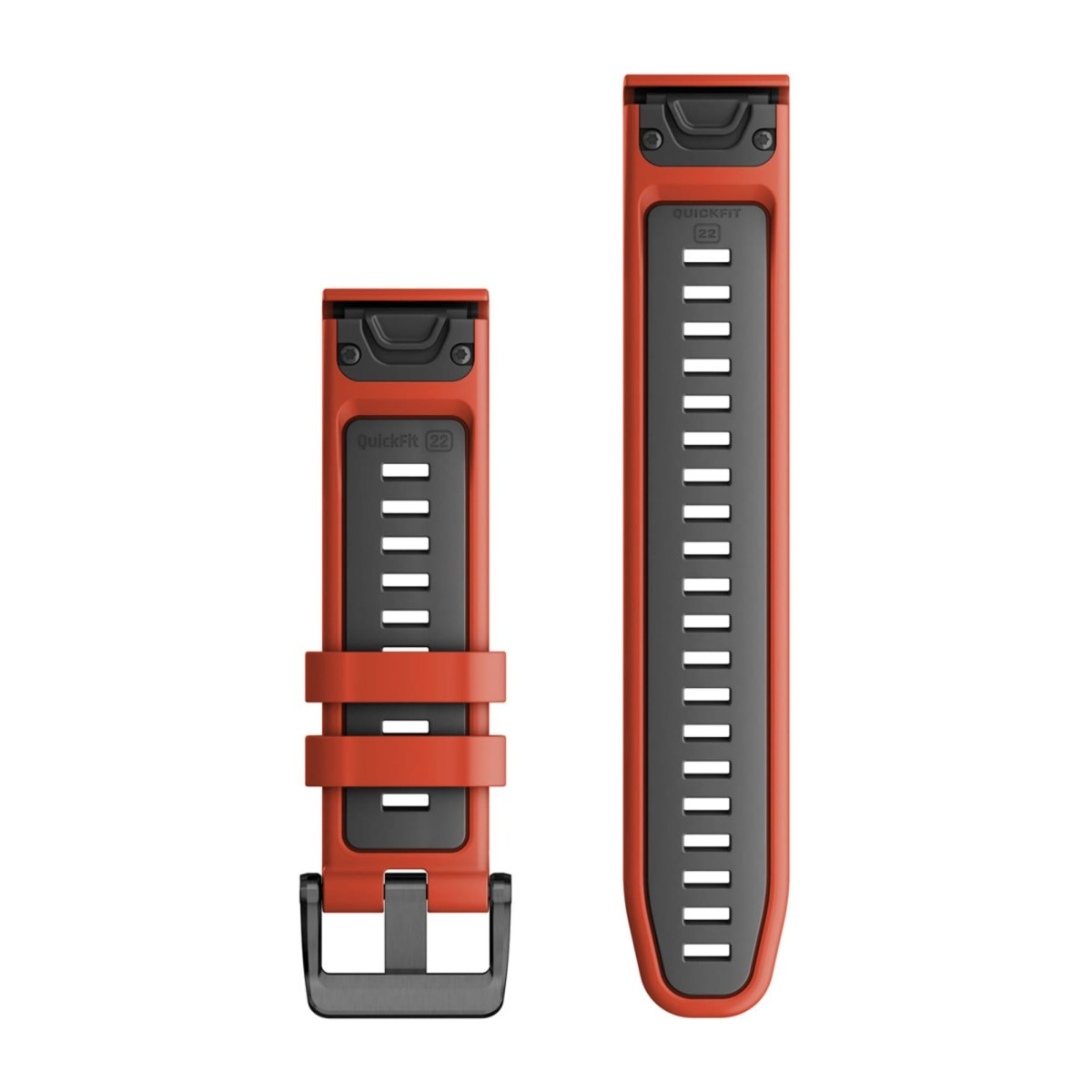 Due cinturini QuickFit 22 arancioni e neri su uno sfondo bianco.