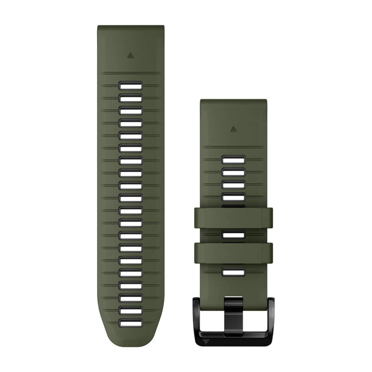 Cinturino per orologio sportivo in silicone verde con fori di ventilazione rettangolari e fibbia nera.