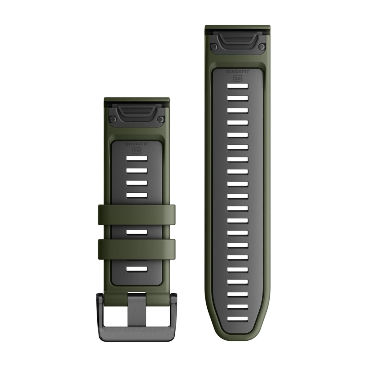Due cinturini per orologio in silicone verde oliva con ferramenta quickfit nera su sfondo bianco.