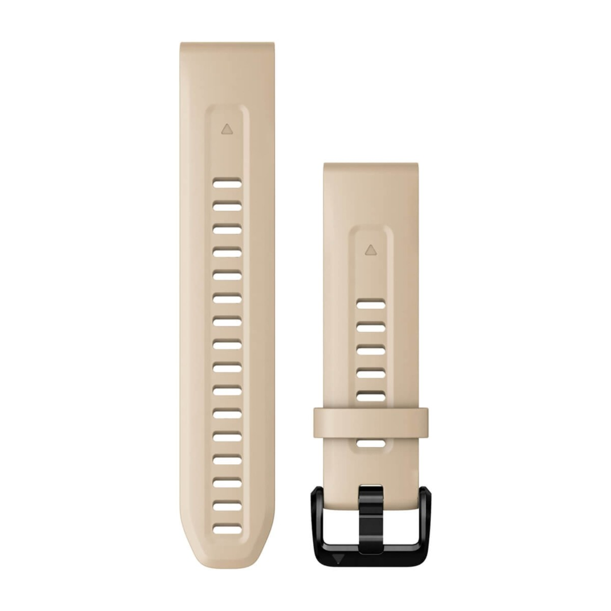 Cinturini per orologio sportivo in silicone beige con fibbia nera su sfondo bianco.