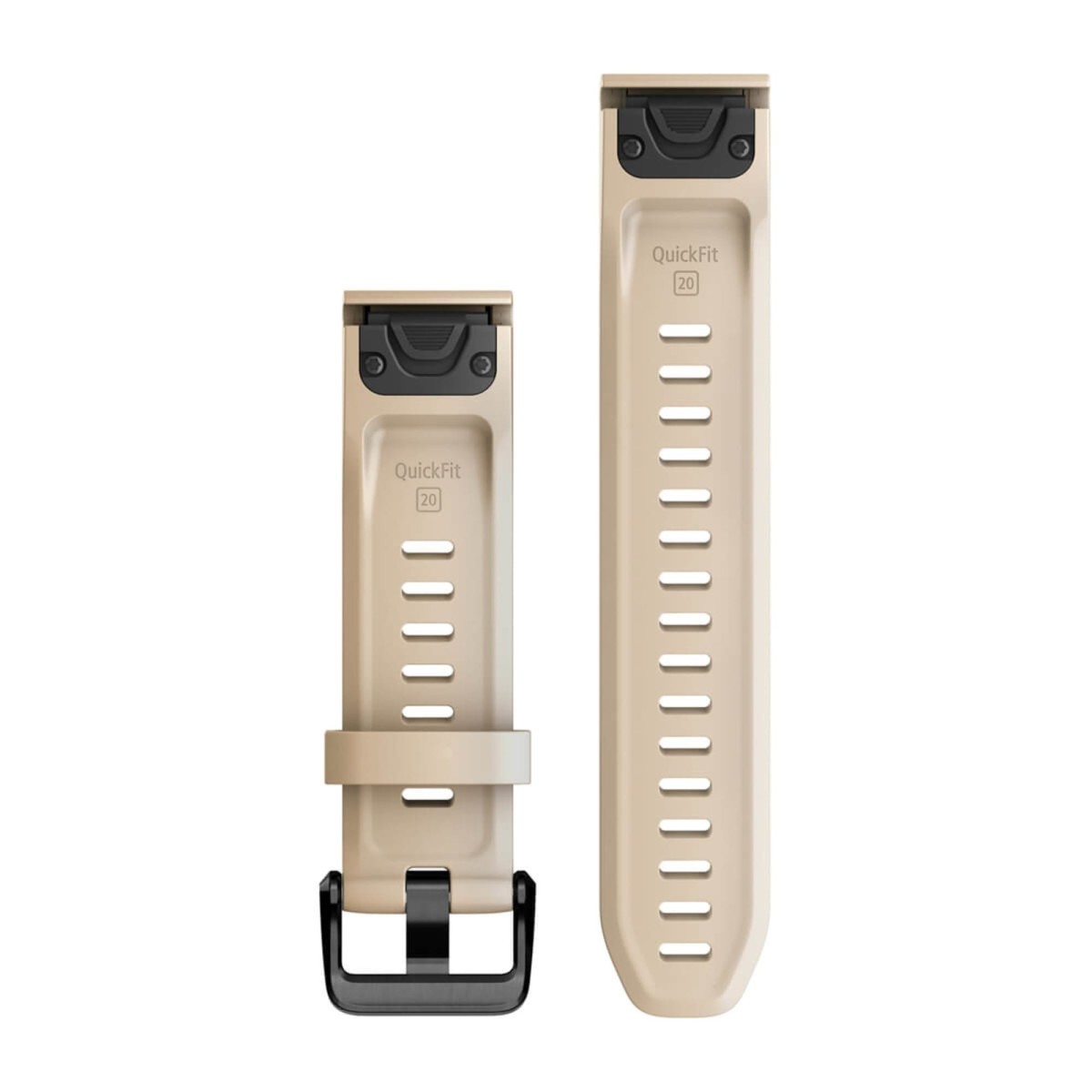 Due cinturini per orologio QuickFit 20 color tan con fibbie nere sono disposti su sfondo bianco.