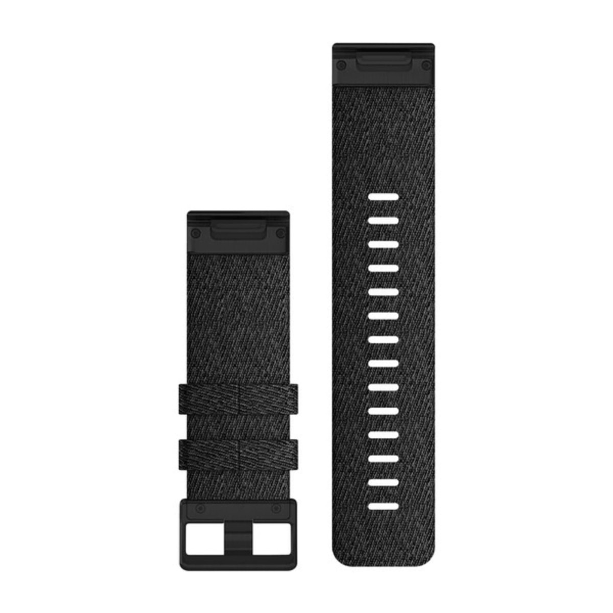 Due pezzi di un cinturino per orologio in tessuto nero testurizzato con fibbia e hardware neri.