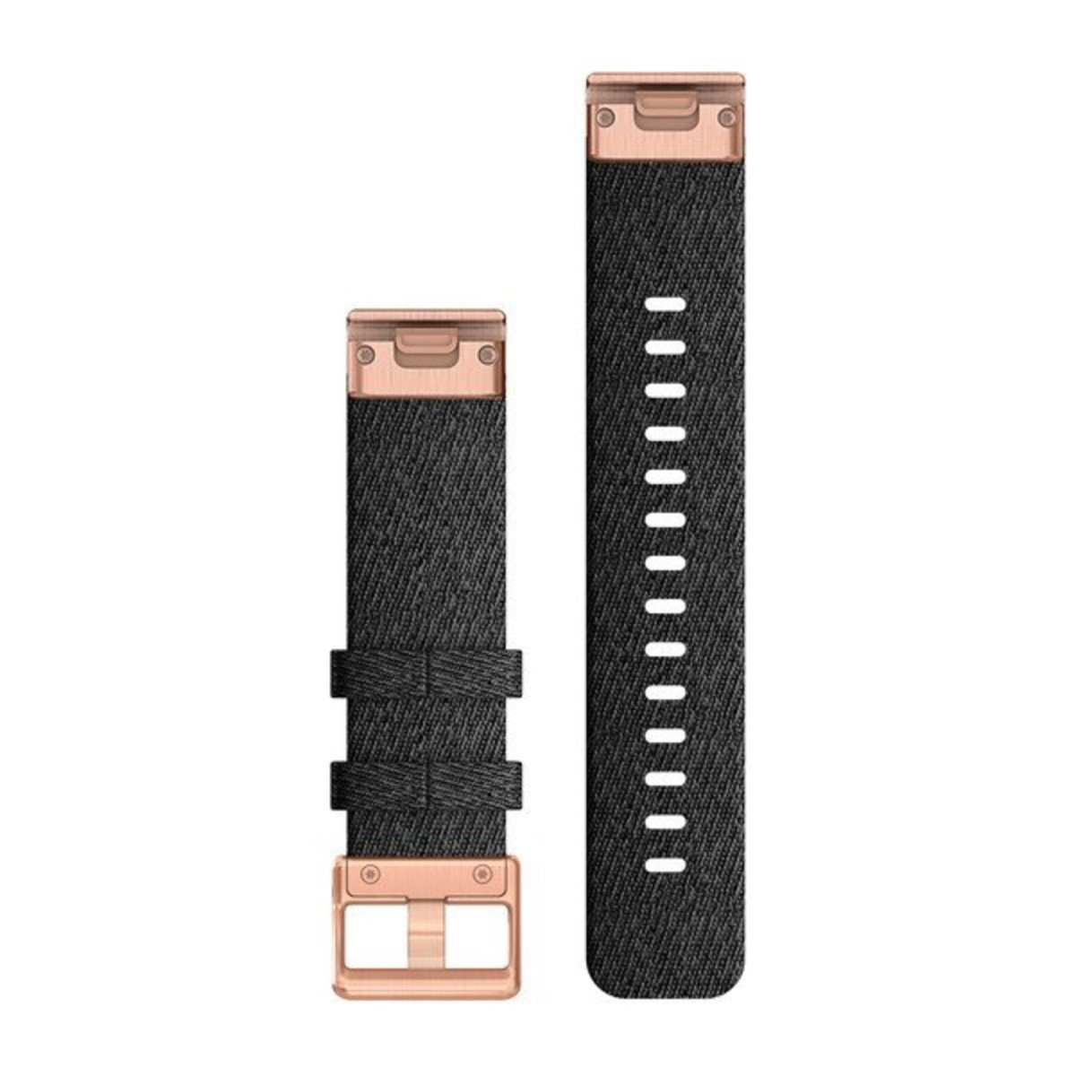 Due cinturini per orologio in tessuto nero con fibbie in oro rosa su sfondo bianco.