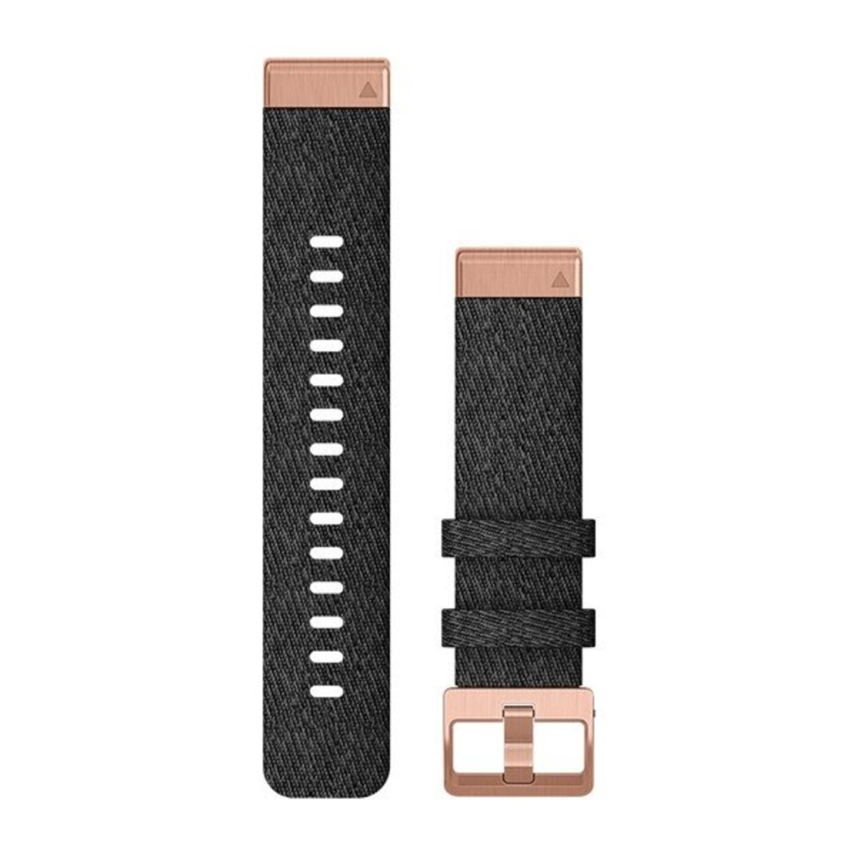 Cinturino per orologio in tessuto grigio scuro con dettagli in oro rosa e fibbia.