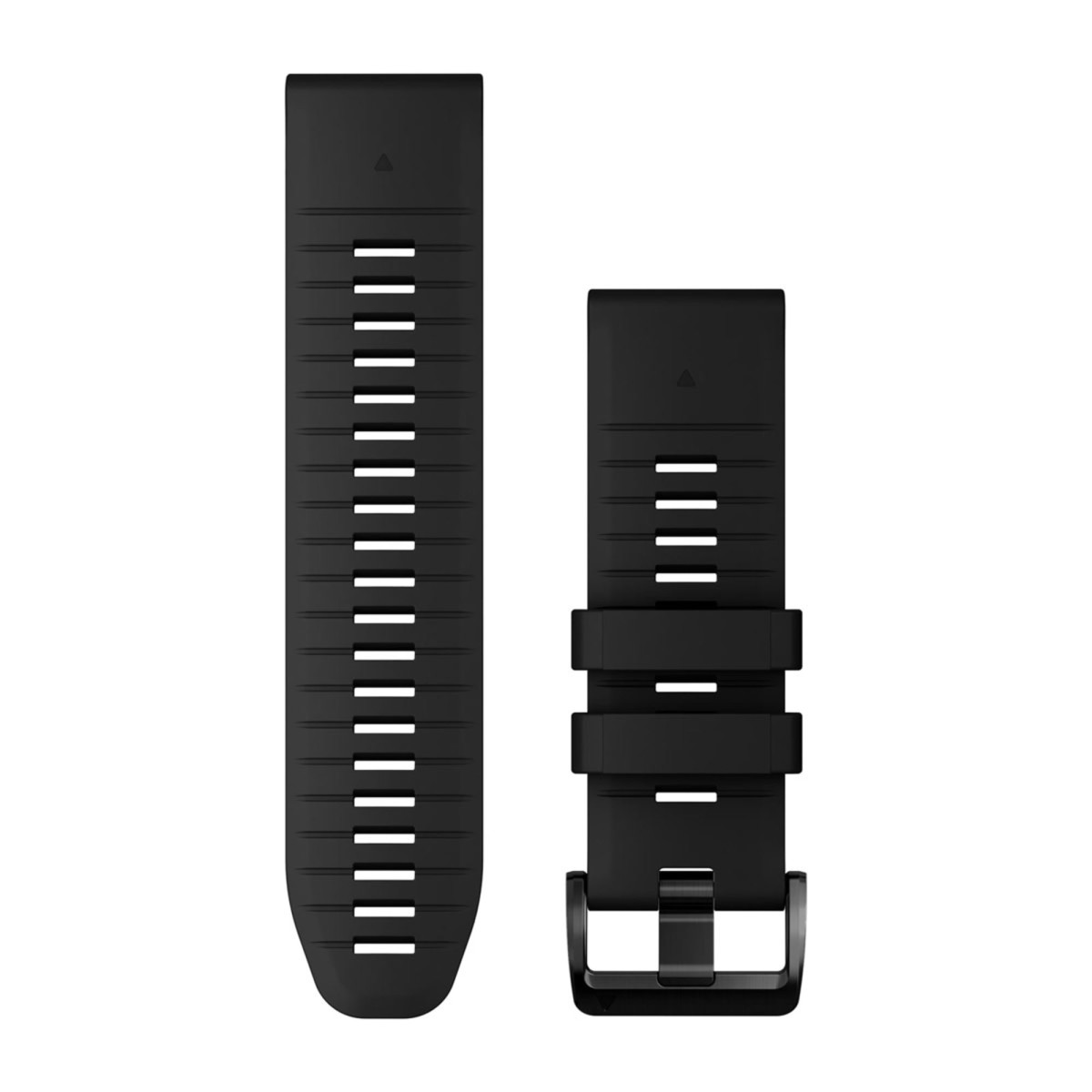Due cinturini per orologio in silicone nero con fessure di aerazione e fibbia in metallo su fondo bianco.