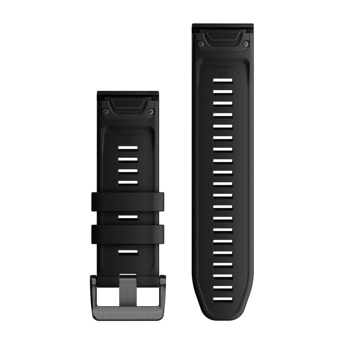 Un cinturino per orologio QuickFit nero con fessure di ventilazione e fibbia in metallo.