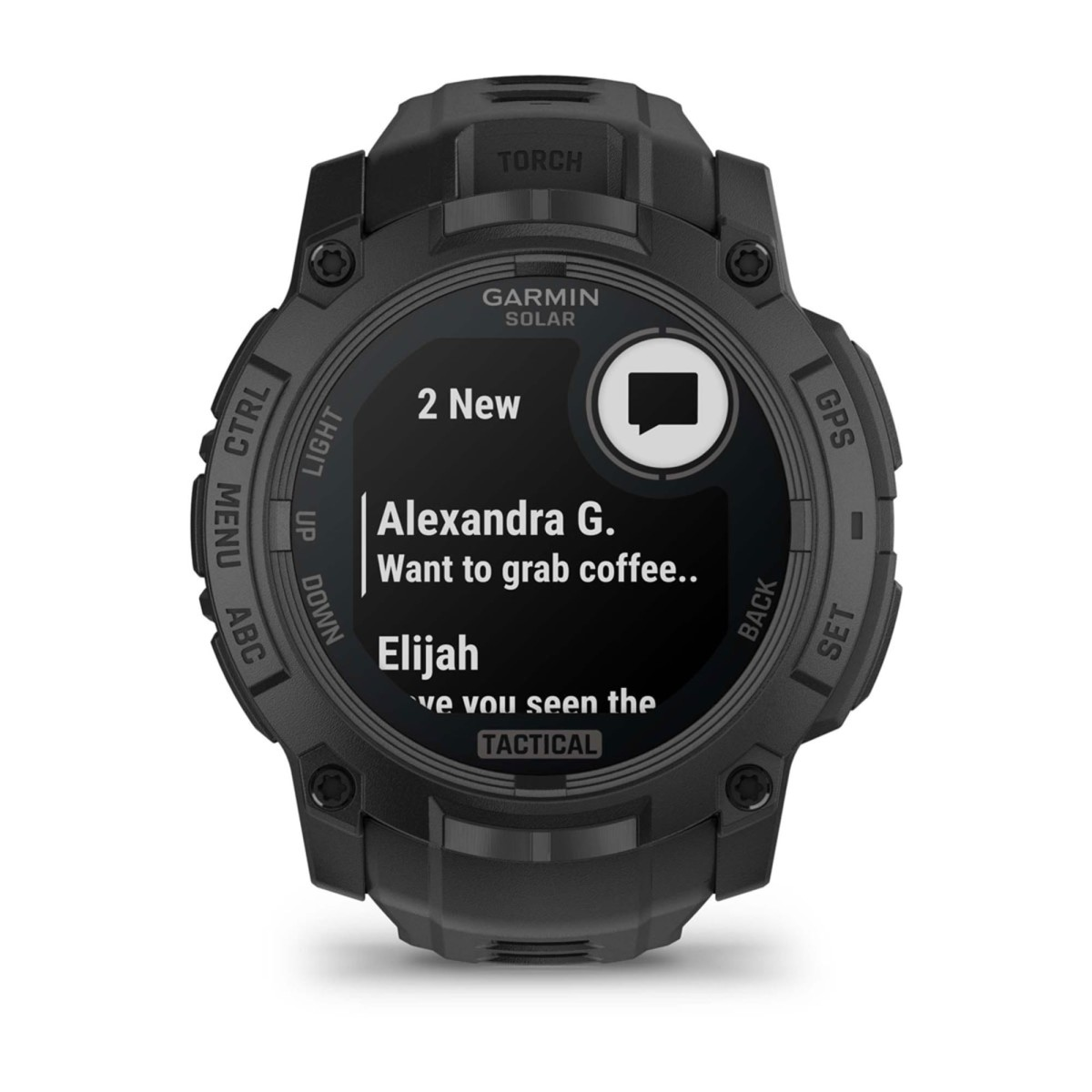 Czarny zegarek taktyczny Garmin solar wyświetla powiadomienia o wiadomościach.