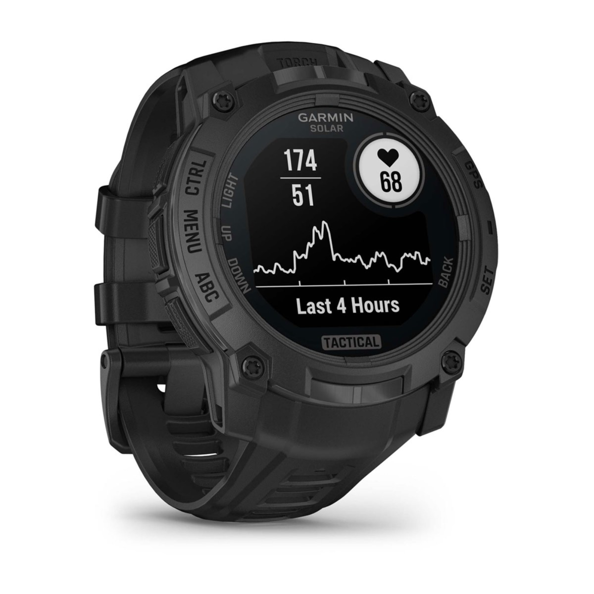 Czarny zegarek taktyczny Garmin Solar z tętnem i wykresem na wyświetlaczu.