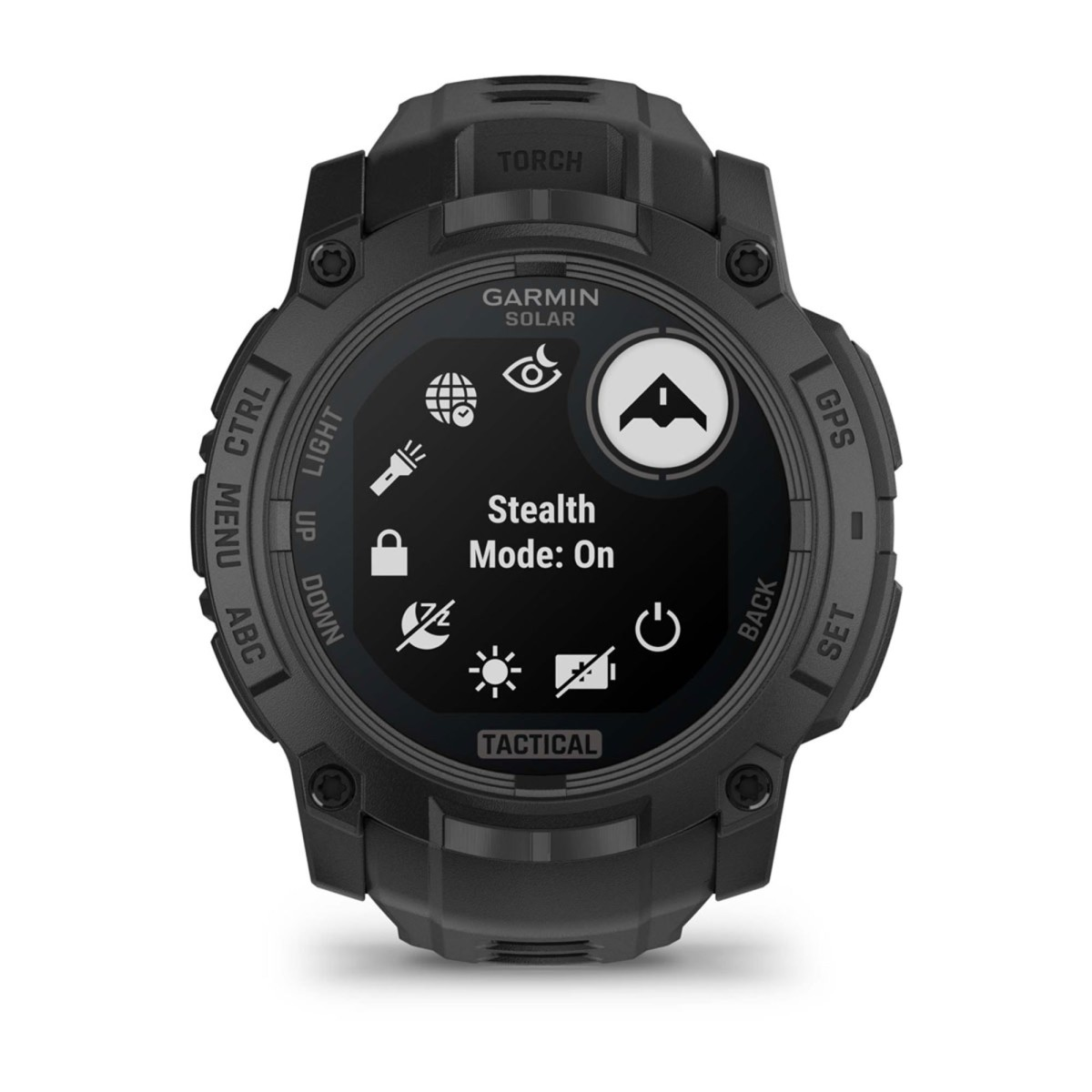 Czarny zegarek taktyczny Garmin z włączonym trybem ukrycia.