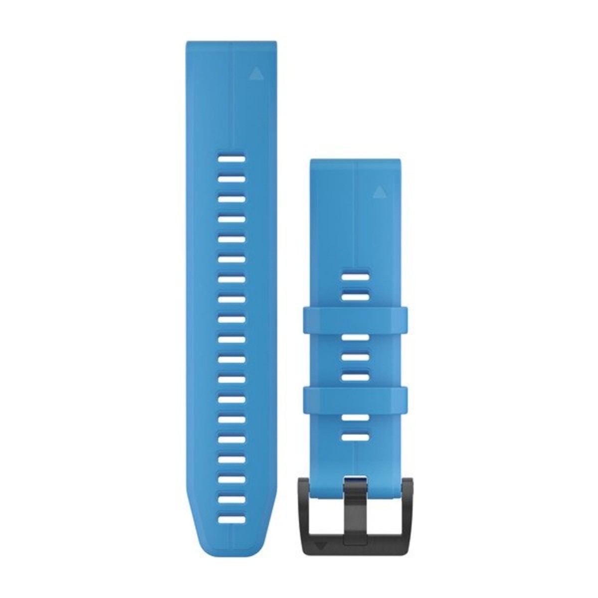 Un bracelet de montre en silicone bleu avec une boucle noire et des trous de réglage sur fond blanc.