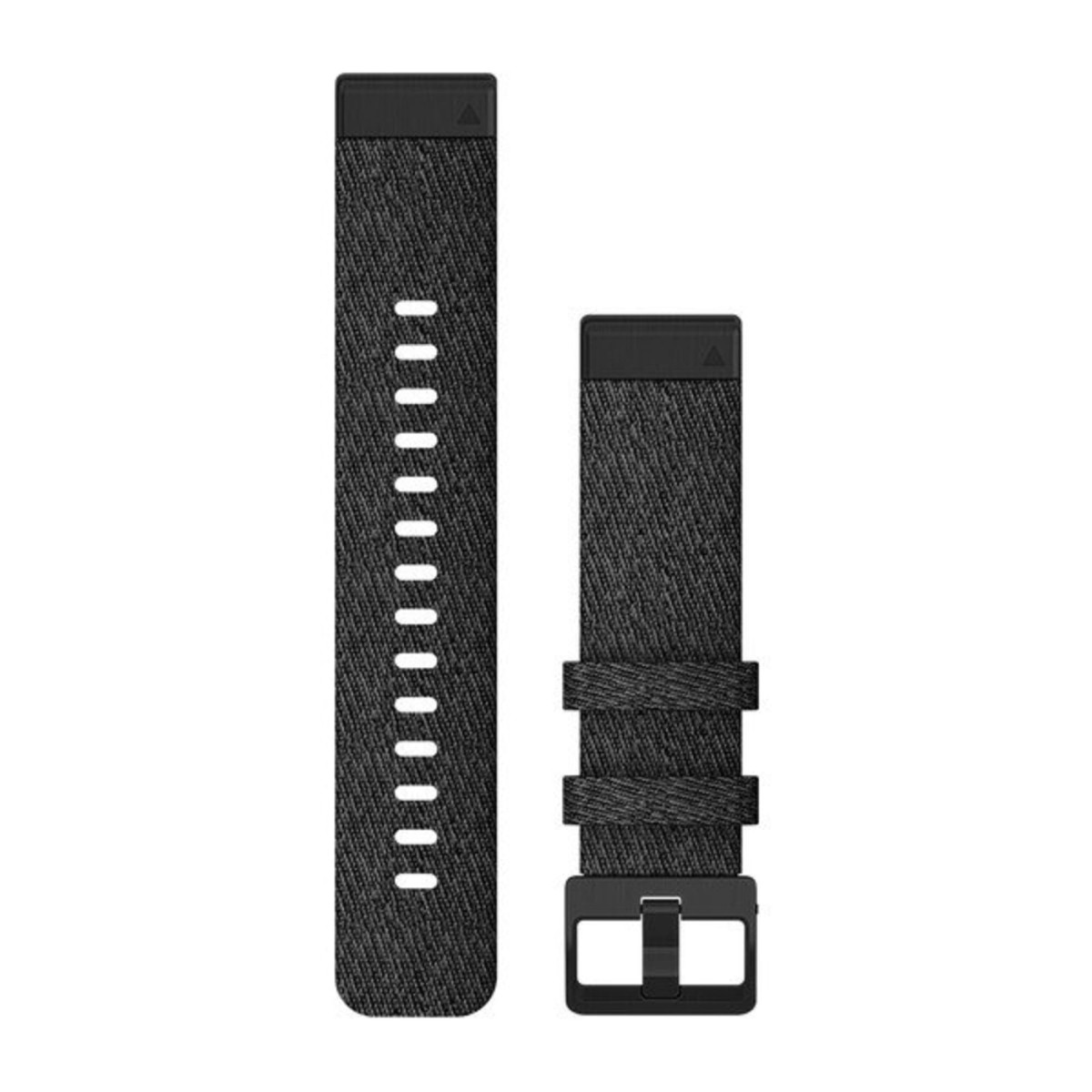 Due pezzi di un cinturino per orologio in tessuto grigio scuro con fibbia nera su sfondo bianco.
