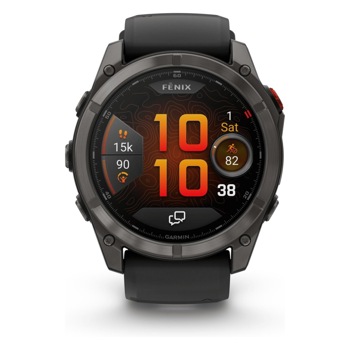 Uno smartwatch Garmin Fenix nero con display digitale mostra l'ora 10:10, la data, i passi e altre metriche.