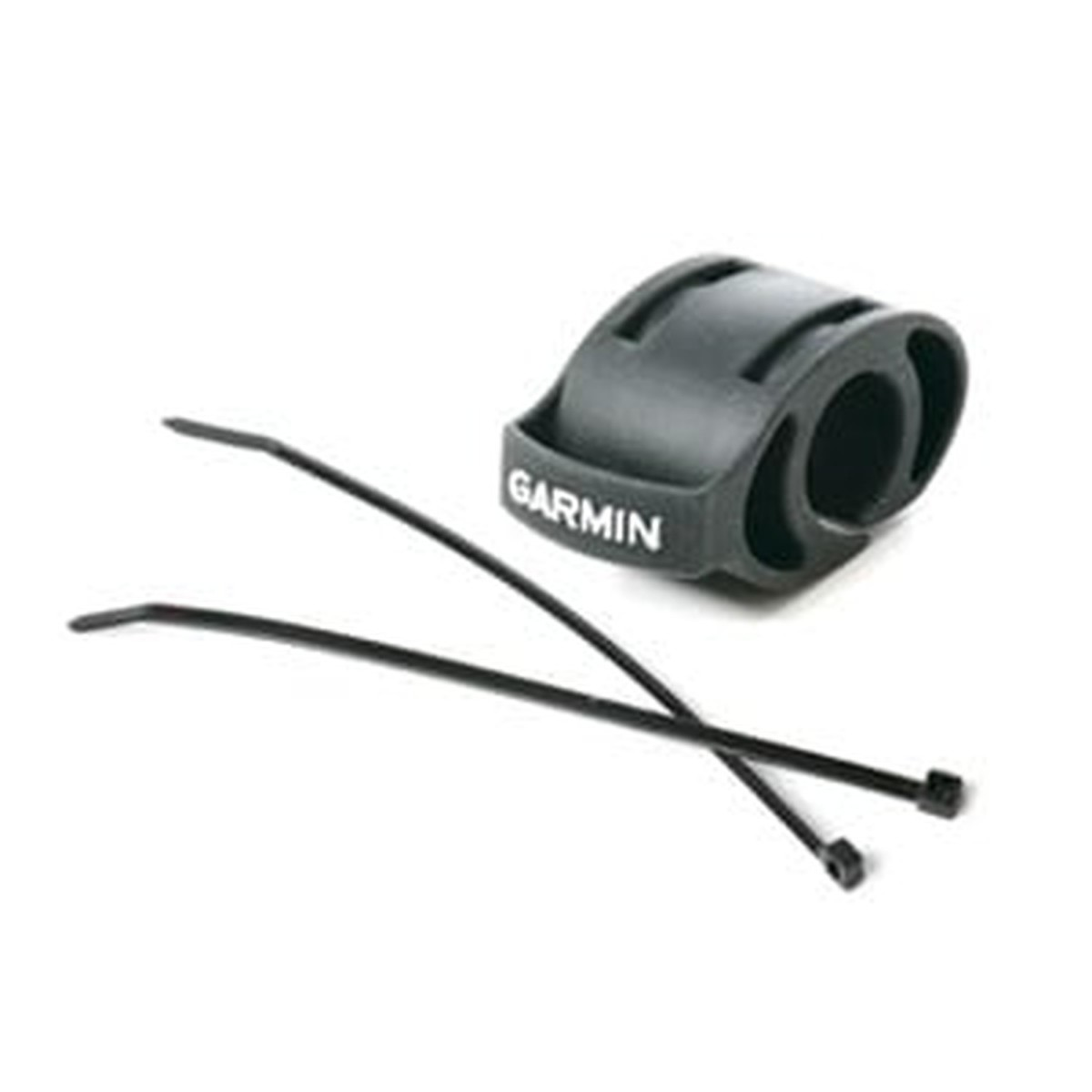 Eine schwarze Garmin-Fahrradhalterung mit zwei schwarzen Kabelbindern auf weißem Hintergrund.