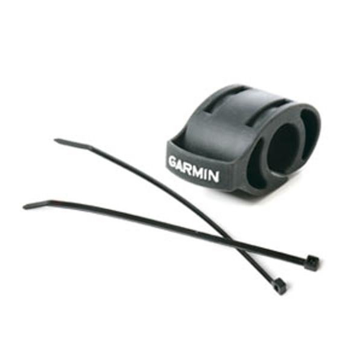 Eine schwarze Garmin Fahrradhalterung mit Garmin-Logo und zwei schwarzen Kabelbindern auf weißem Grund.