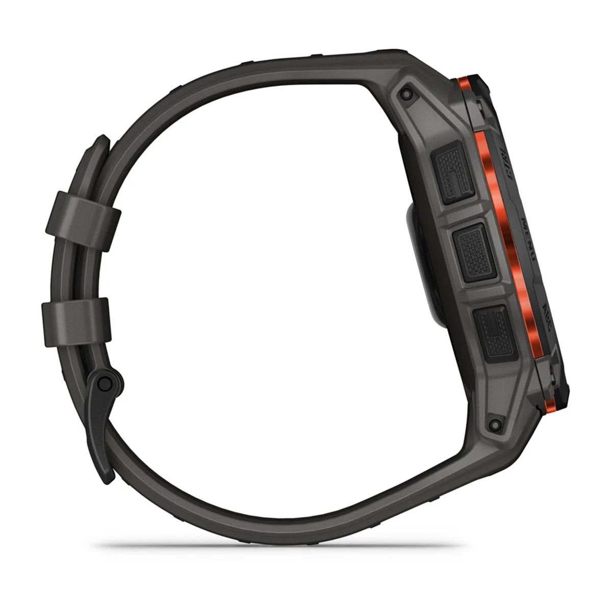 Vista laterale di un robusto smartwatch nero con dettaglio arancione su sfondo bianco.