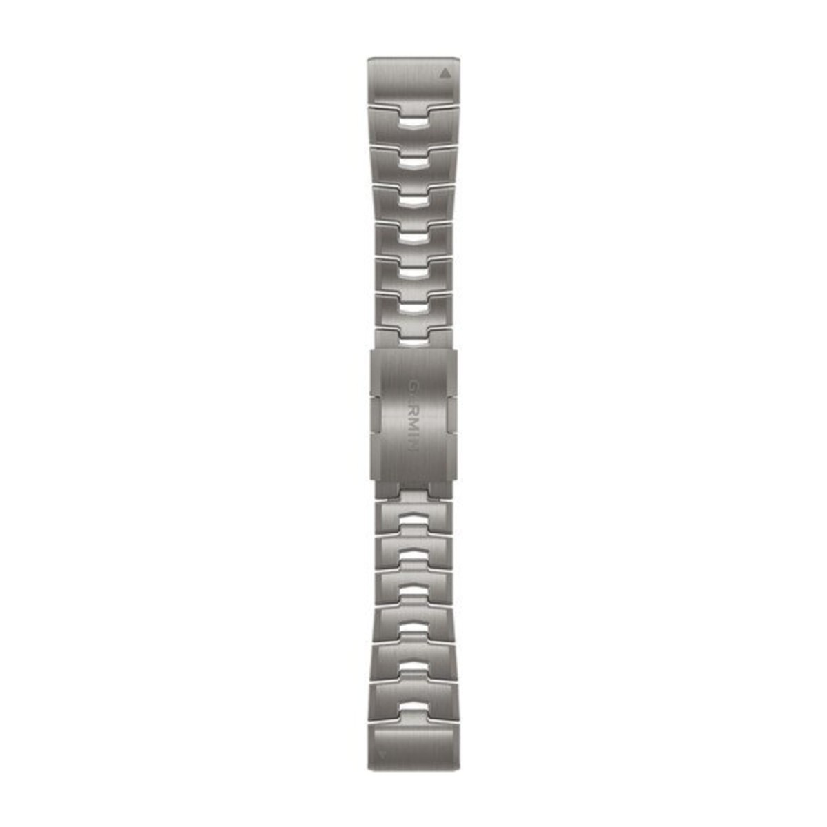 Un cinturino per orologio in metallo argentato con chiusura centrale su sfondo bianco.