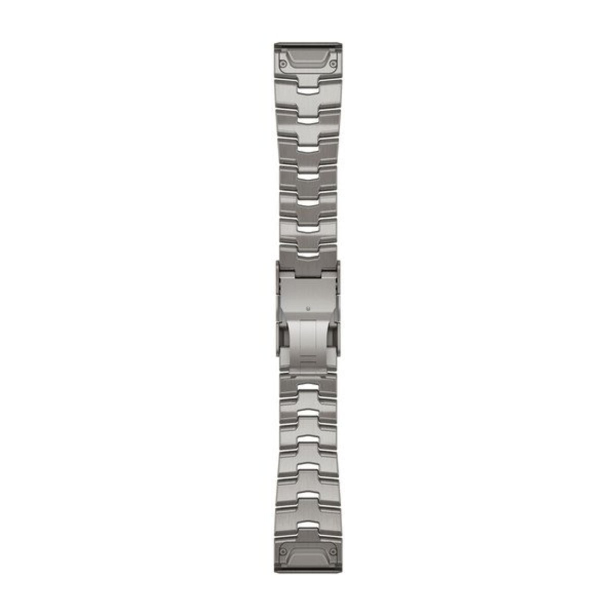 Un cinturino per orologio grigio metallizzato con maglie collegate e una chiusura sicura, mostrato in verticale.