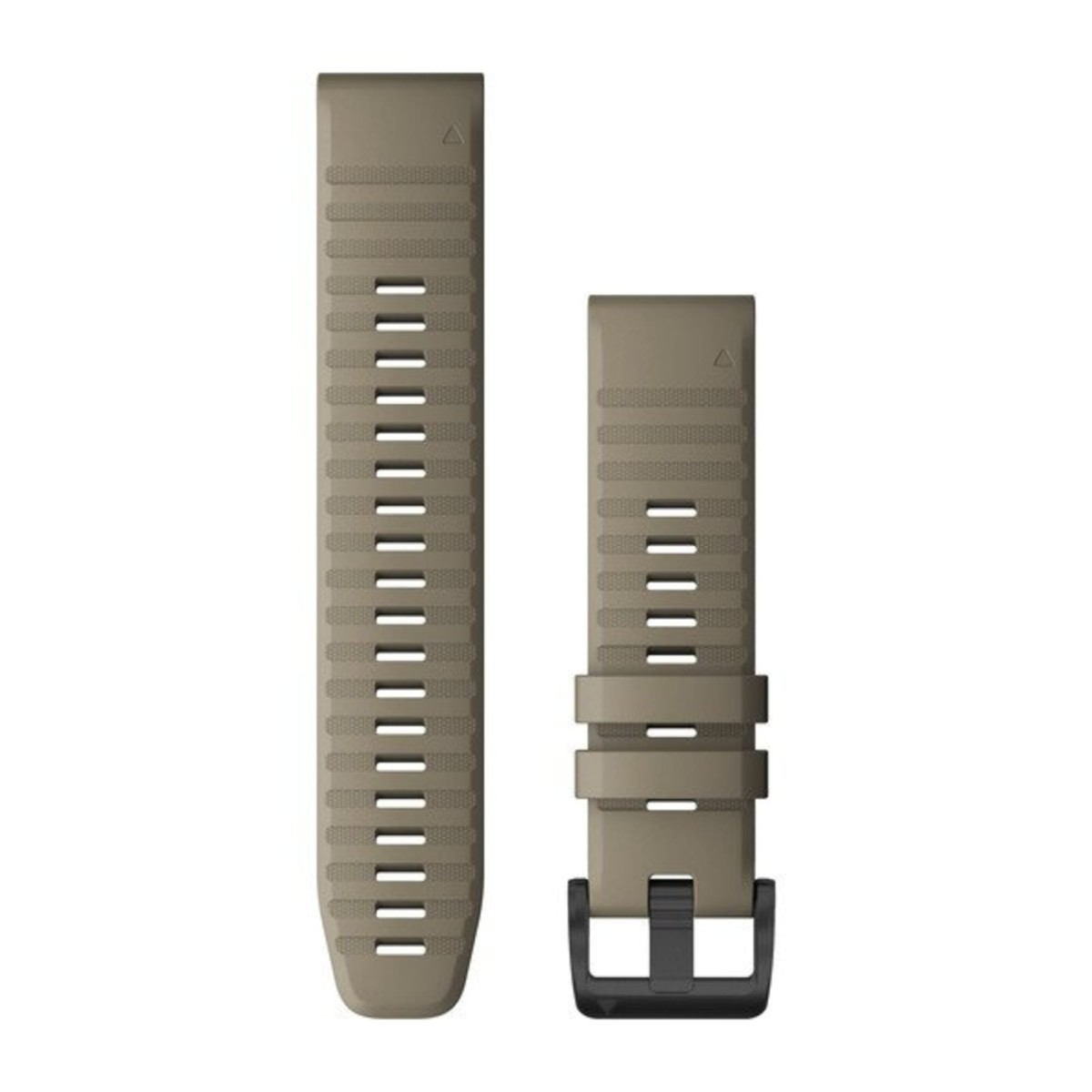 Un cinturino per orologio in silicone marrone in due pezzi con fibbia nera su sfondo bianco.