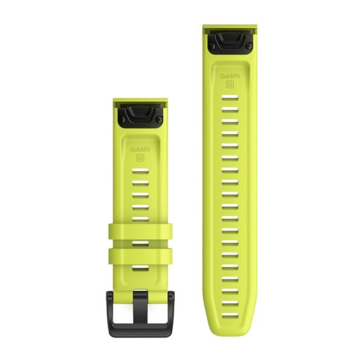 Deux bracelets de montre vert vif avec boucles noires et connecteurs rapides sur fond blanc.