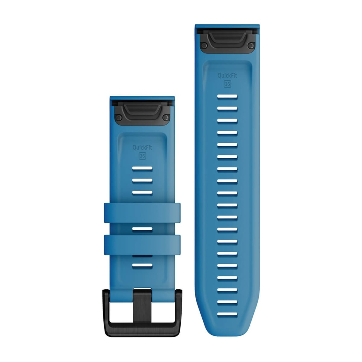 Cinturini per orologio blu QuickFit 26 con fibbie nere su sfondo chiaro.
