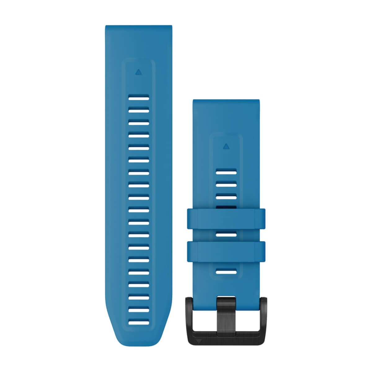 Un cinturino per orologio in silicone blu con fibbia nera su sfondo bianco.