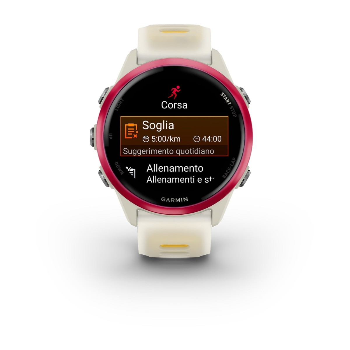 Orologio sportivo Garmin con ghiera rosa e cinturino bianco, mostra un menu di allenamento.