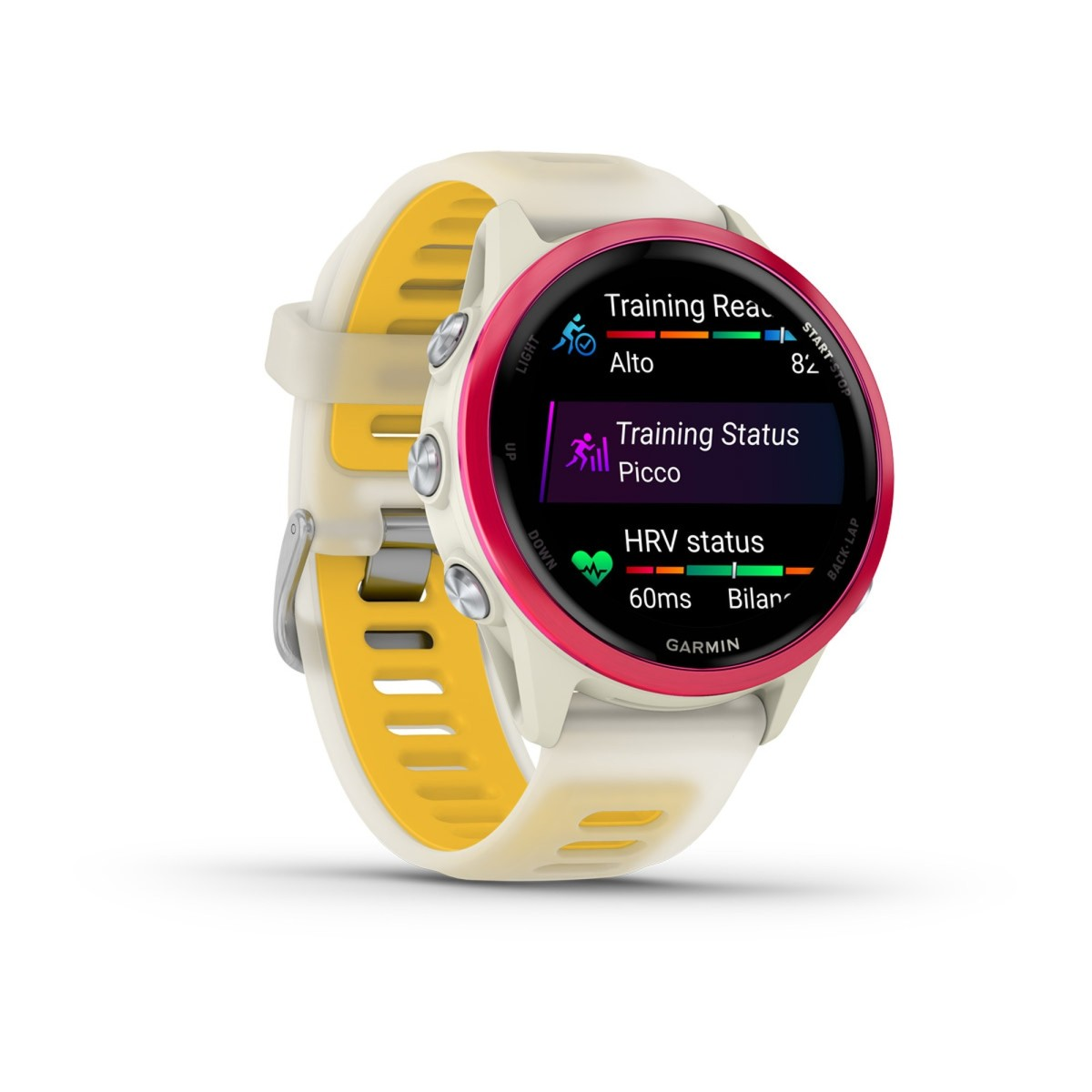 Orologio sportivo Garmin con cinturino in silicone bianco e giallo, lunetta rosa e display con dati di allenamento.