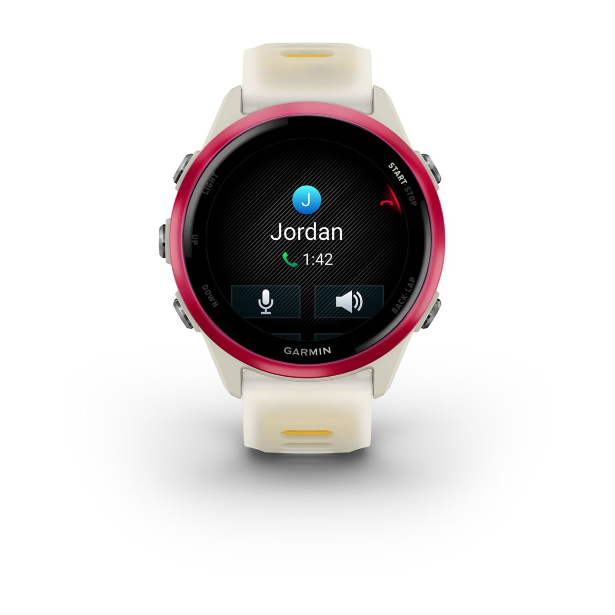 Orologio sportivo Garmin con cinturino bianco, ghiera rossa e display che mostra una chiamata da Jordan.