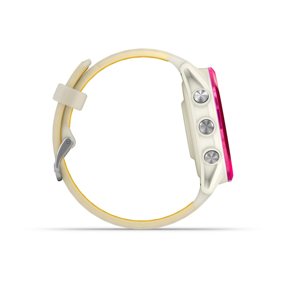 Vista laterale di un orologio sportivo con cinturino beige, pulsanti argentati e quadrante rosa su sfondo bianco.