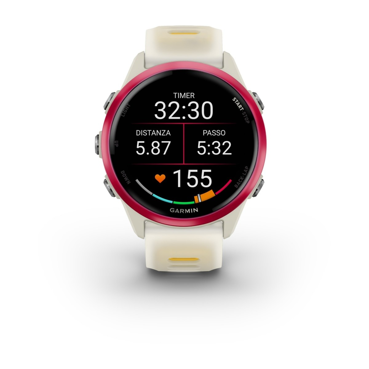Un orologio sportivo Garmin con ghiera rosa, cinturino bianco e display digitale che mostra timer, distanza, ritmo e frequenza cardiaca.