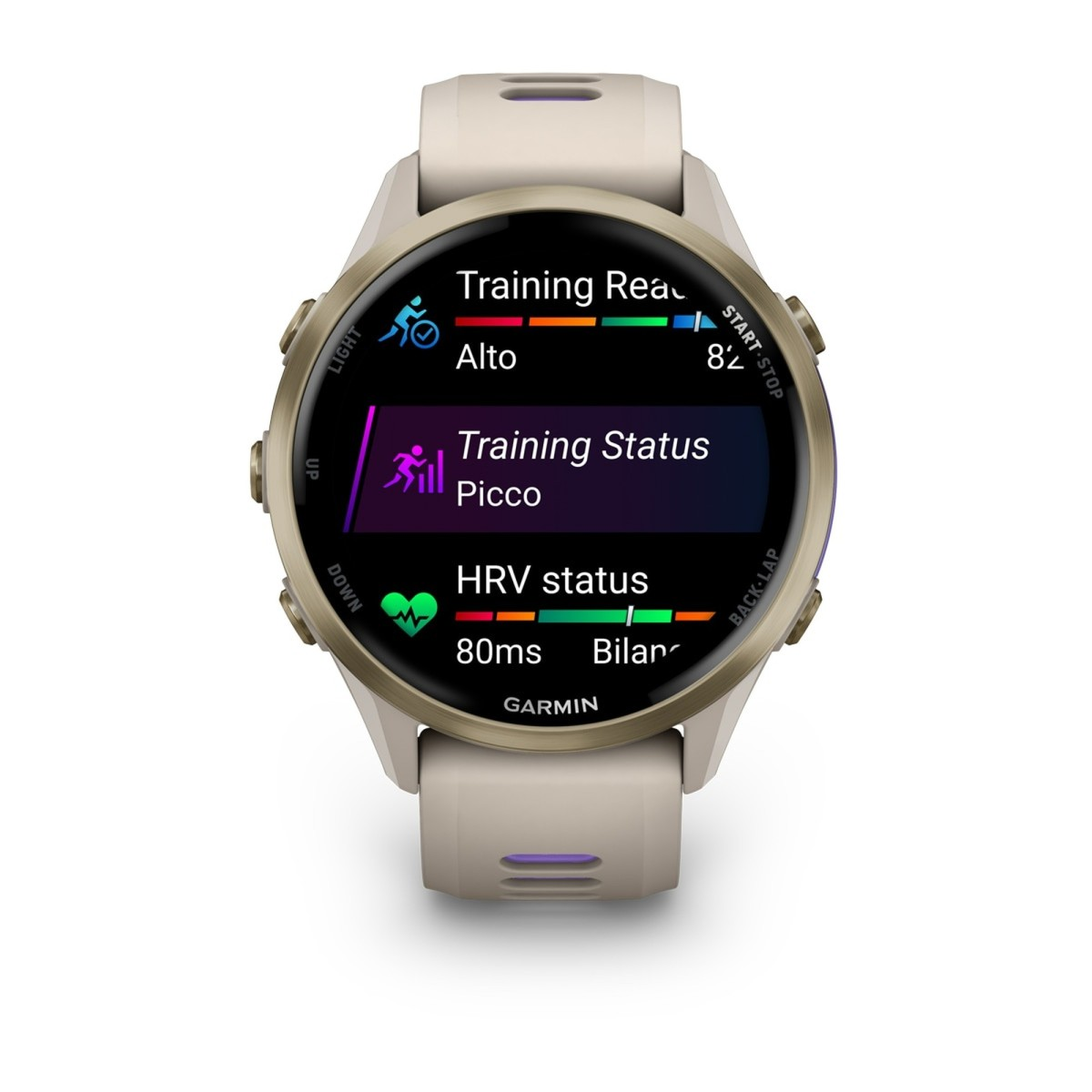 Uno smartwatch Garmin mostra prontezza all'allenamento, stato e metriche HRV sullo schermo.