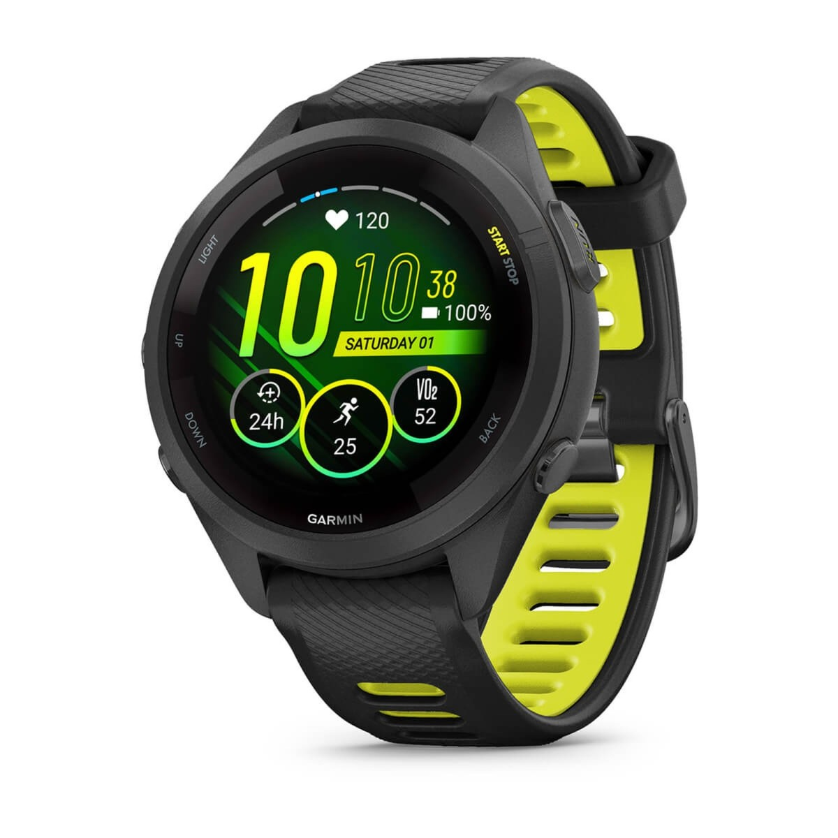 Orologio sportivo Garmin nero con display verde e cinturino giallo e nero.