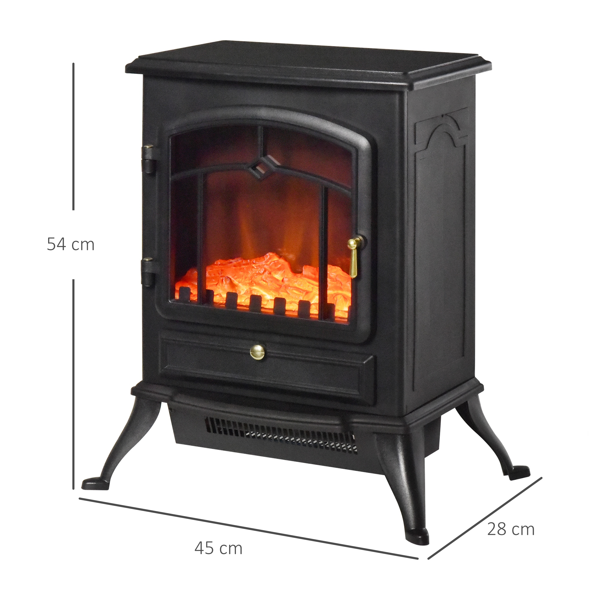 Chimenea eléctrica negra con efecto de llama y medidas.