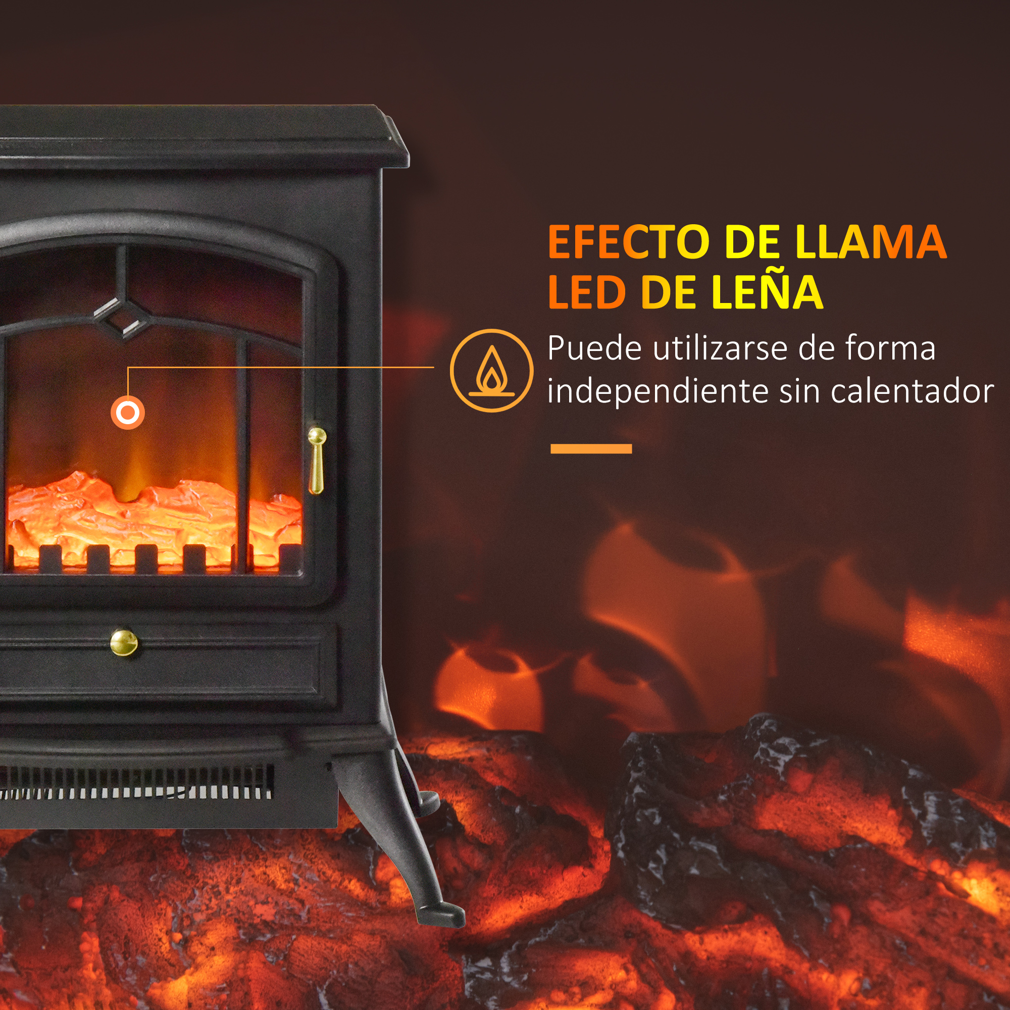 Una chimenea eléctrica negra con leños LED brillantes y texto sobre el efecto de llama.