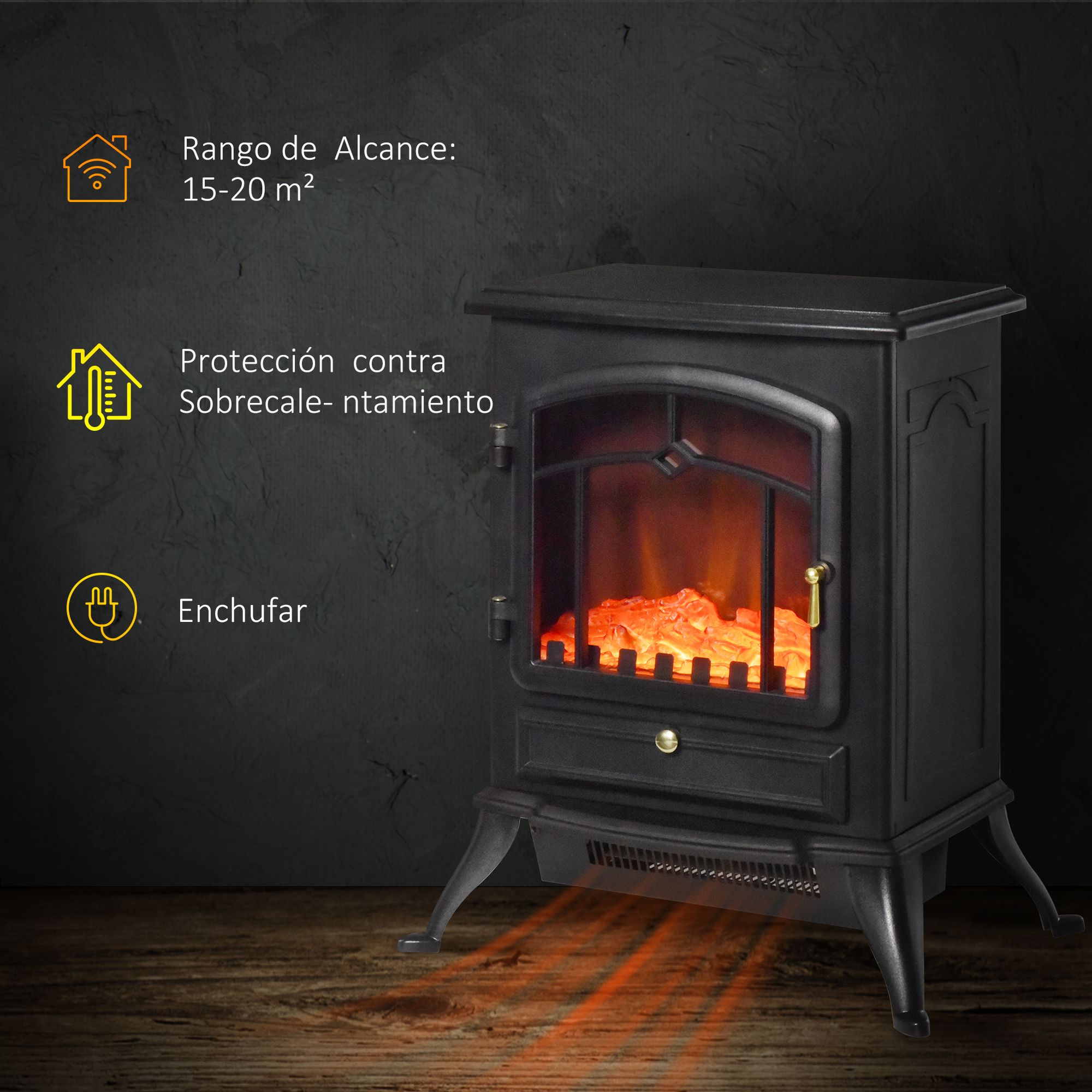 Una chimenea eléctrica negra con efecto de llama sobre madera, con iconos a la izquierda.