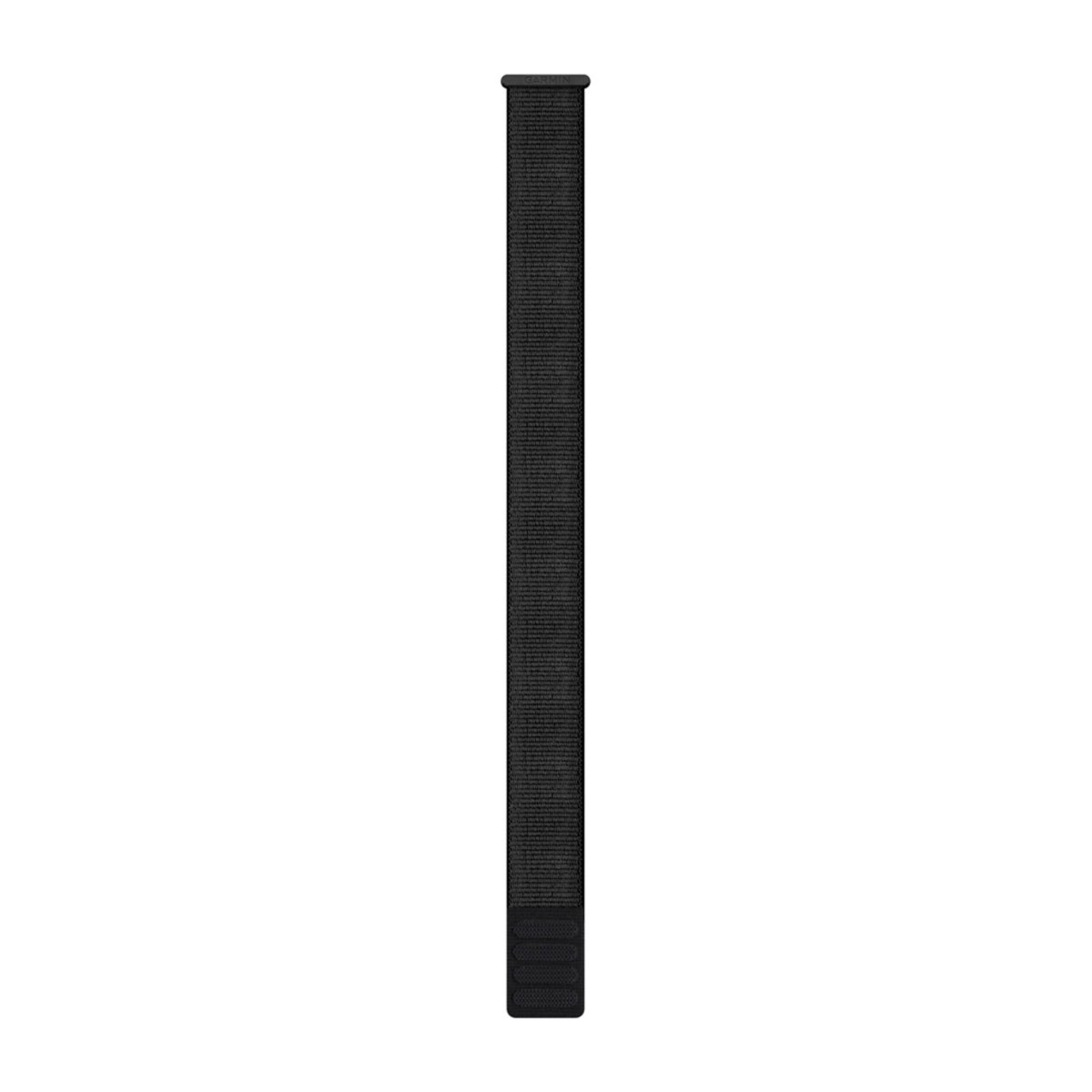 Un lungo cinturino per orologio in nylon nero su sfondo bianco.