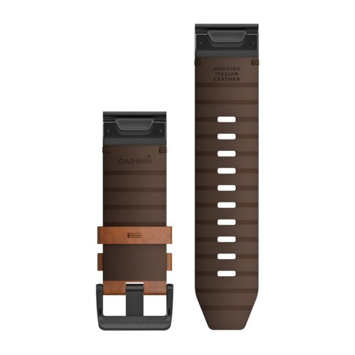 Due parti di un cinturino per orologio in pelle marrone Garmin con fibbia nera su sfondo bianco.