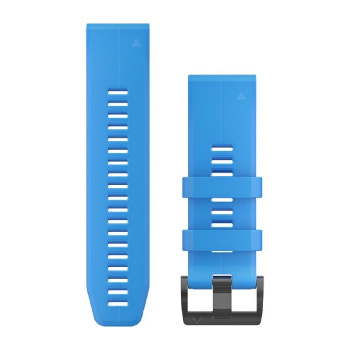 Un cinturino per orologio in silicone blu con fibbia nera.