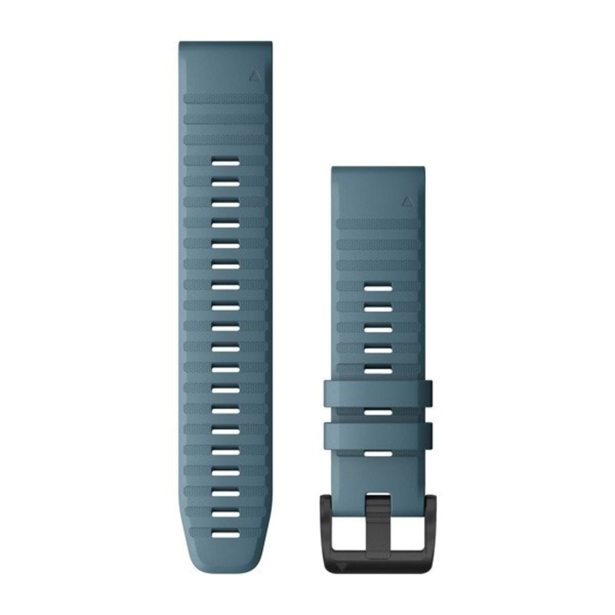 Un cinturino per orologio in silicone blu con scanalature orizzontali e fibbia nera su sfondo bianco.