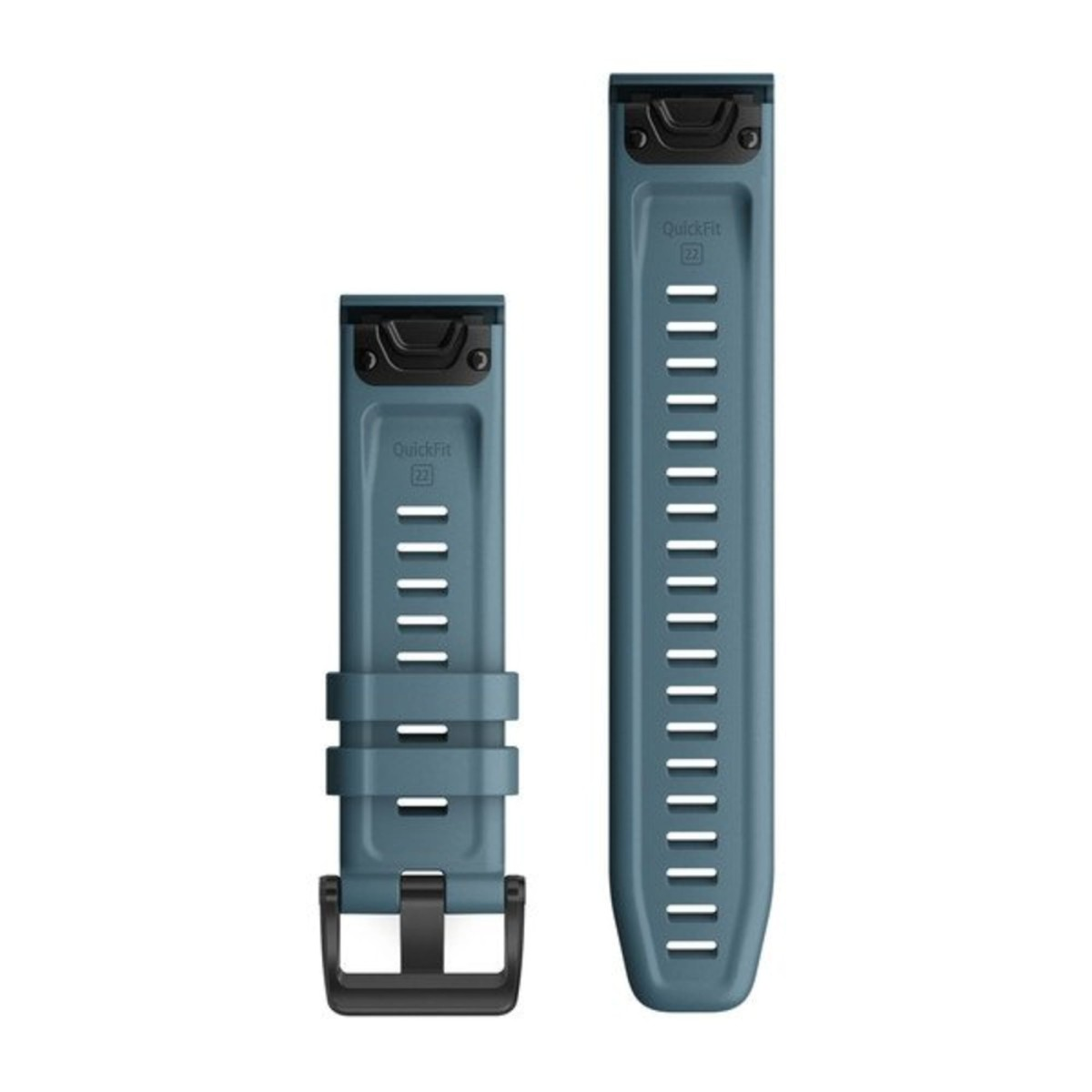 Due cinturini di ricambio per smartwatch blu con fibbie nere, connettori rapidi e fessure.
