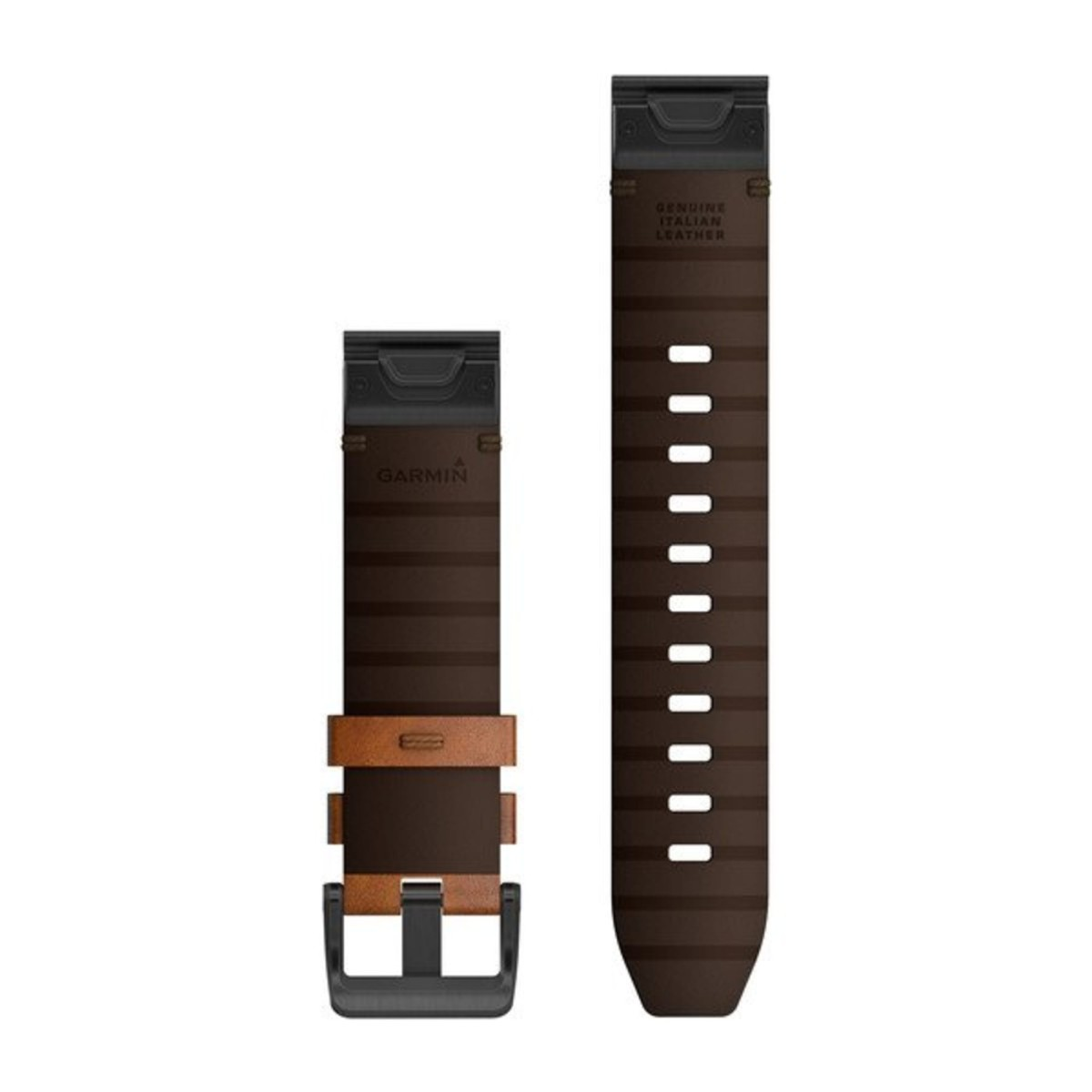 Due parti di un cinturino Garmin in pelle marrone con fibbia nera su sfondo bianco.