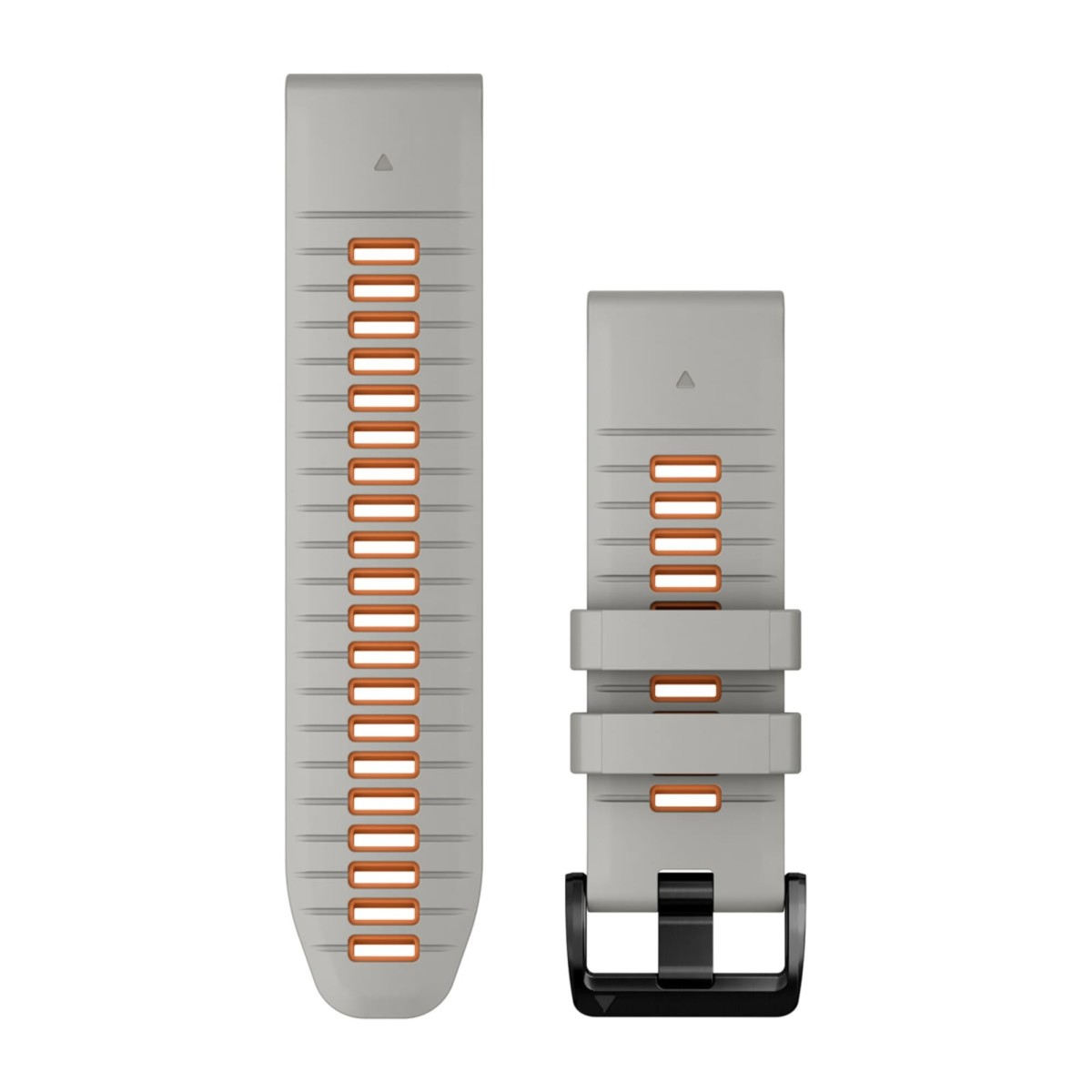 Cinturino per orologio in silicone grigio con dettagli arancioni e fibbia nera su sfondo bianco.