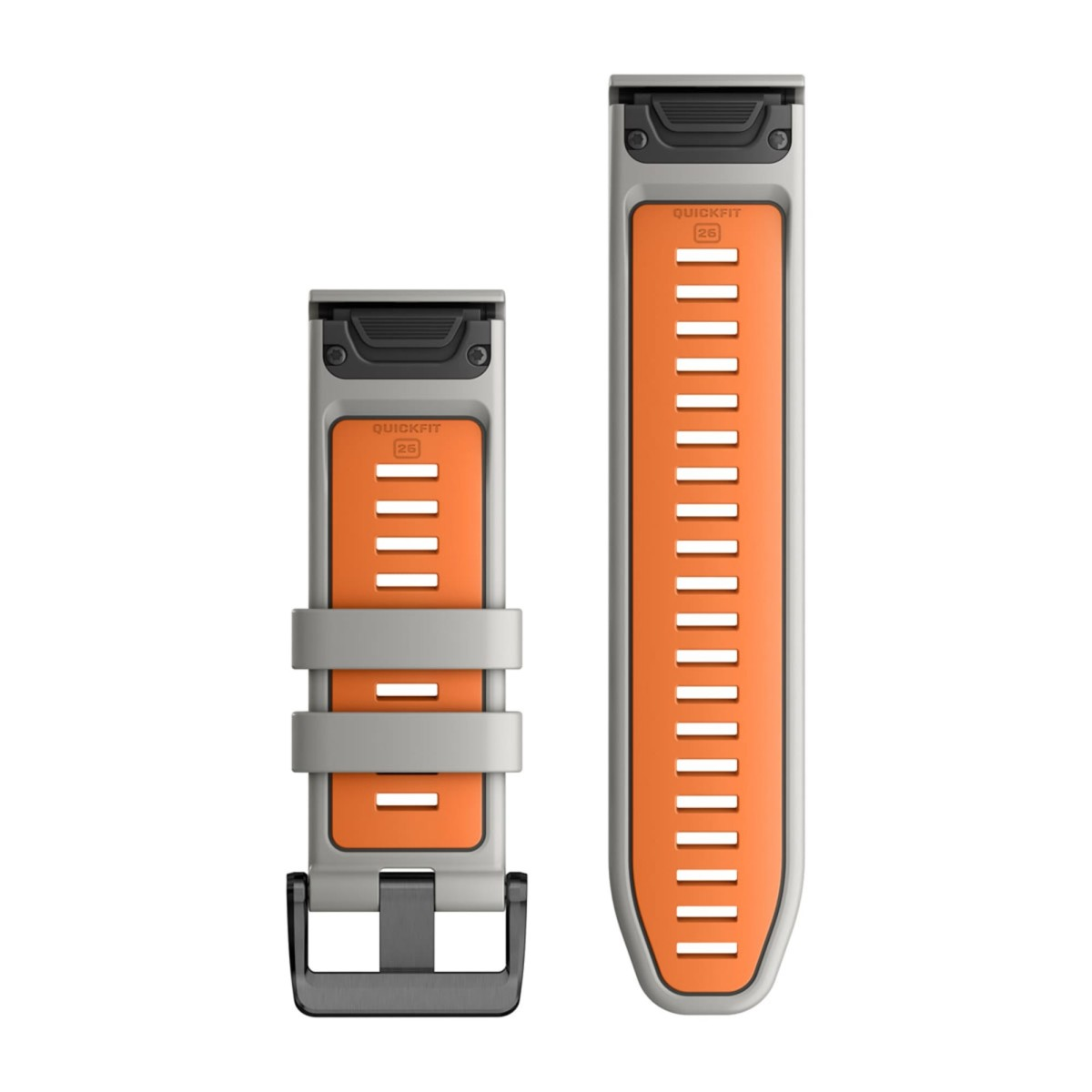 Cinturini per orologio Quickfit 26 grigi e arancioni con componenti neri su sfondo bianco.