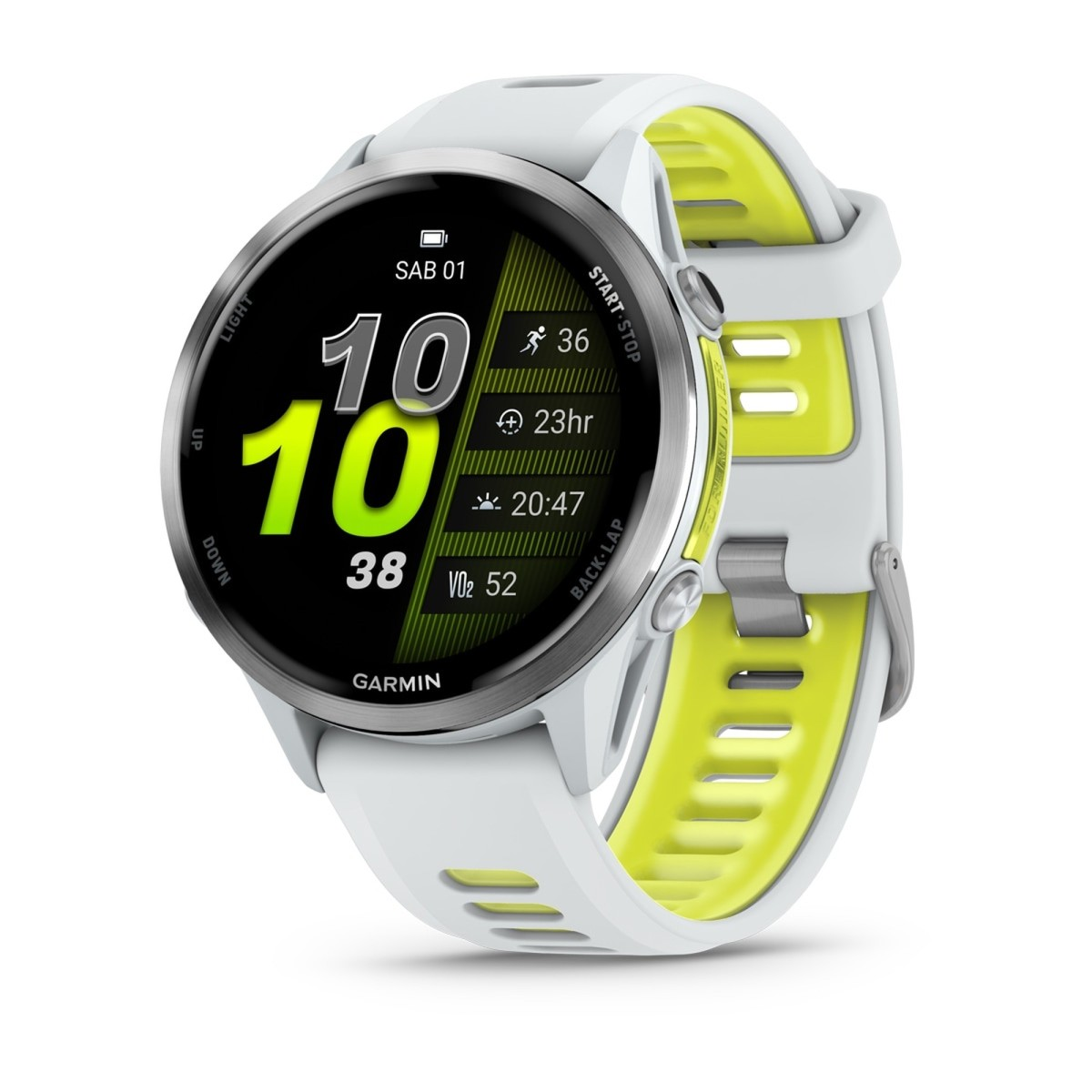 Un orologio sportivo Garmin bianco e giallo con display tondo e dati di fitness.