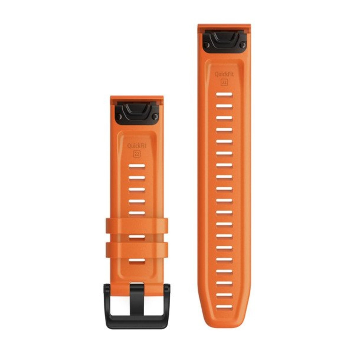 Due cinturini per orologio QuickFit 22 arancioni con fibbie nere su sfondo bianco.