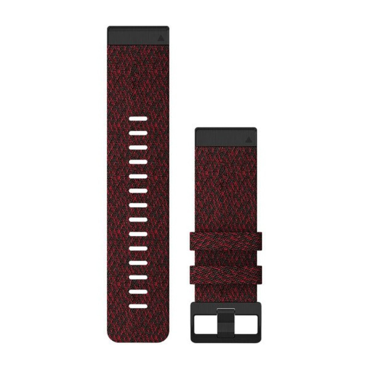 Cinturino per orologio in tessuto rosso e nero con fibbia nera.