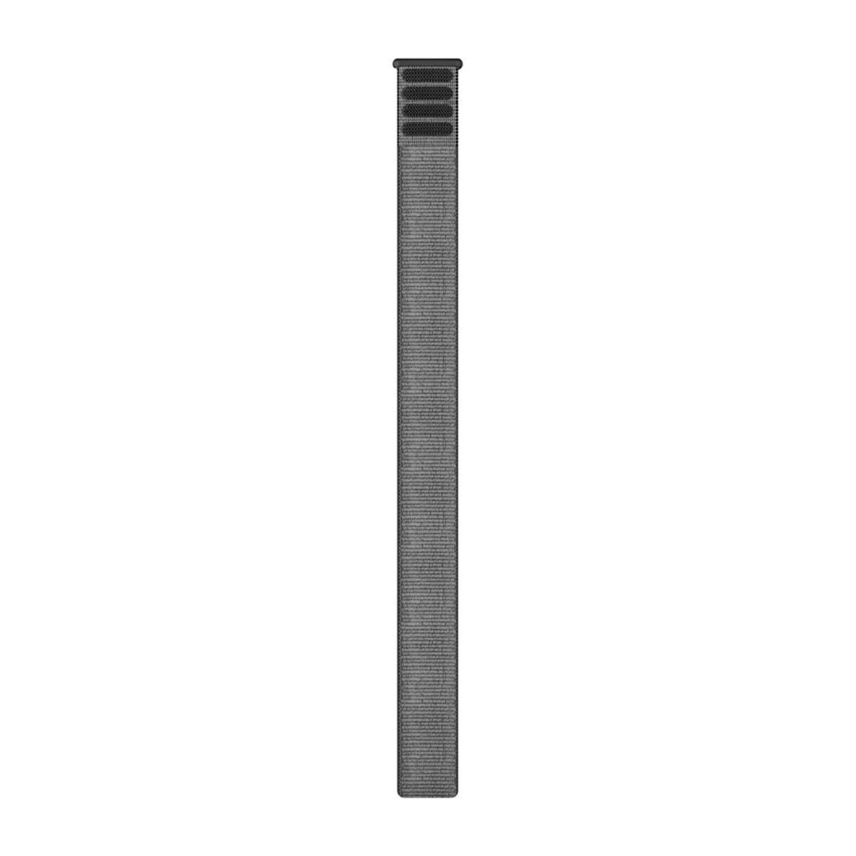 Un cinturino per orologio in nylon grigio con chiusura a strappo e estremità nere, in verticale su sfondo chiaro.